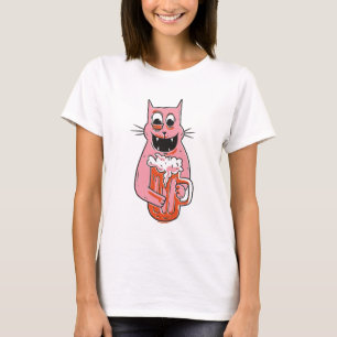 Grappige roze kat met bier T-shirt