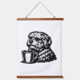 ​Grappige ruwharige hond die koffie drinkt houten  Hangend Wandkleed