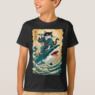 Grappige Samurai Kat Rijdt Haai Vintage Kat Anime T-shirt