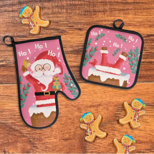 Grappige Santa Pink Oven Mitt en Pot Houders Set