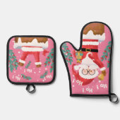 Grappige Santa Pink Oven Mitt en Pot Houders Set (Voorkant)