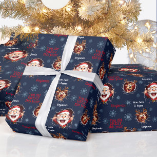 Grappige Santa Rendieren Naam Navy Blue Kerstmis Cadeaupapier