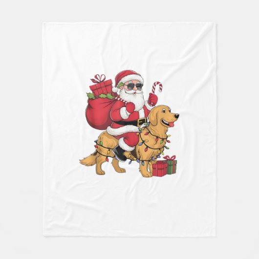 Grappige Santa Riding Golden Retriever Dog Kerstmi Fleece Deken (Voorkant)