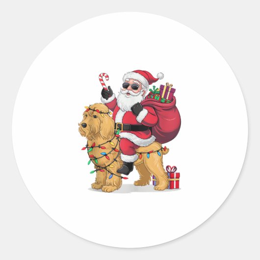 Grappige Santa Riding Goldendoodle Hond Kerstmis Ronde Sticker (Voorkant)