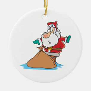 grappige santa zit vast in schoorsteencartoon keramisch ornament