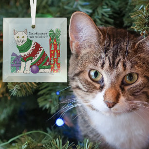 Grappige Sarcastische Lelijke Kersttrui Witte Kat Glas Ornament