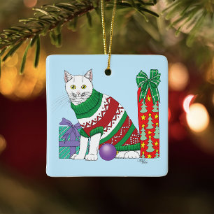 Grappige Sarcastische Lelijke Kersttrui Witte Kat Keramisch Ornament