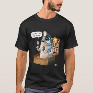 Grappige Sardine Dokter Vis-ician Cartoon Pun Kuns T-shirt