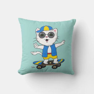 Grappige schaatsende kat gekleed in blauw en geel kussen