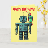 Grappige schattige robot en papegaai gelukkige ver kaart (Gele Bloem)