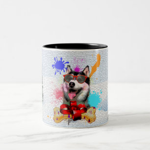 Grappige Schattige Siberische Husky Hond Kerstmis Tweekleurige Koffiemok