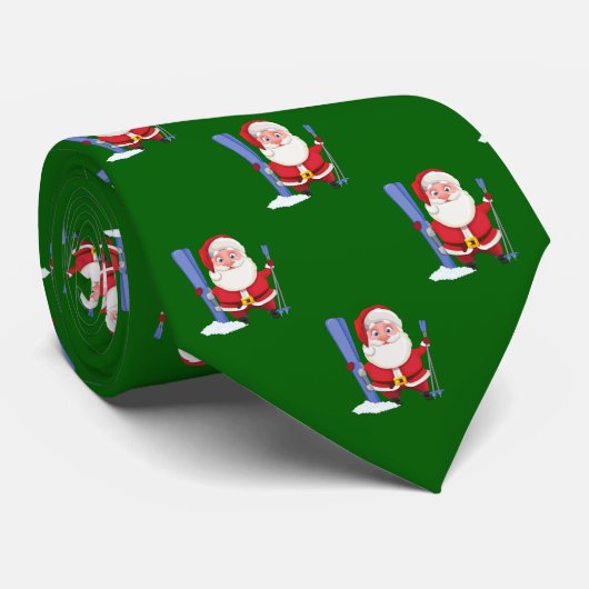 Grappige Schattige Skiënde Kerstman Kerstmis Groen Stropdas (Opgerold)