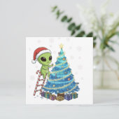 Grappige Schattigee Alien Santa Decorating Space K Feestdagenkaart (Staand voorkant)