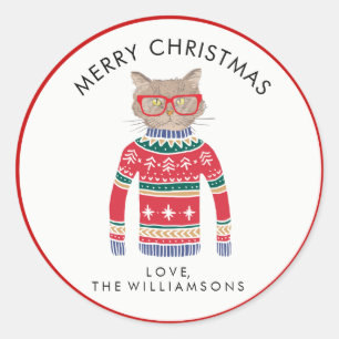 Grappige Schattigee kat draagt lelijke kersttrui Ronde Sticker