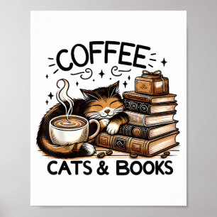 Grappige Schattigee Koffie Katten Boeken Lover Gif Poster