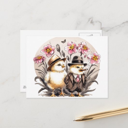 Grappige Schattigee  paaskuikens Briefkaart (Voorkant / Achterkant in situ)