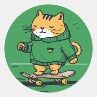 Grappige Schattigee Schaatsen kat op skateboard Ronde Sticker