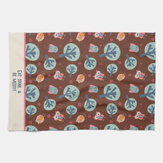 Grappige Schattigee uilen patroon gepersonaliseerd Theedoek (Horizontaal)