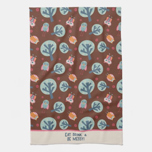 Grappige Schattigee uilen patroon gepersonaliseerd Theedoek (Verticaal)