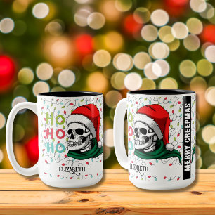 Grappige Schedel Met Kerstman Hoed Ho Ho Ho Kerstm Tweekleurige Koffiemok