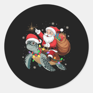 Grappige Schildpad Kerstman Kerst Santa Ridder Zee Ronde Sticker