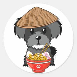 Grappige schnauzer eet noedels ronde sticker