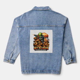 Grappige Sci-Fi Fantasy Meme Kunst, Alien Rijdt op Denim Jacket