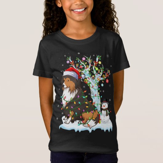 Grappige Sheltie Hond Xmas Verlichting Santa Hoed  T-shirt (Voorkant)