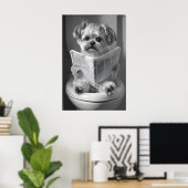 Grappige Shih Tzu badkamerprint, Krant lezen Poster (Thuiskantoor)