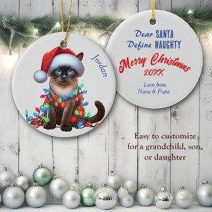 Grappige Siamese kat gewikkeld in Lichten Kerstmis Keramisch Ornament
