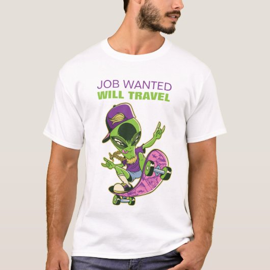 Grappige Skateboardende Alien BAAN GEWENST ZAL REI T-shirt (Voorkant)