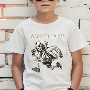 Grappige skelet-kind loopt te laat t-shirt