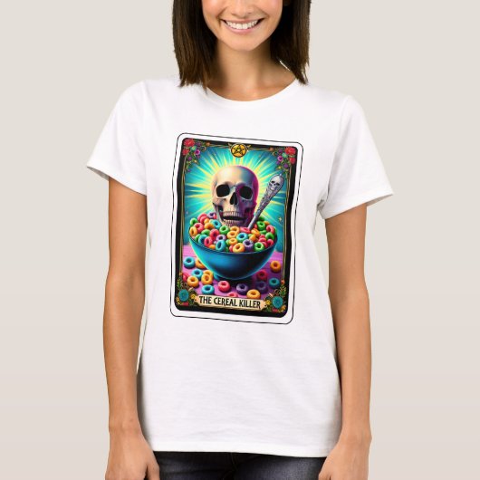 Grappige Skeleton Cereal Killer Tarot T-shirt (Voorkant)