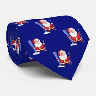 Grappige Skiende Kerstman Cartoon Patroon Navyblau Stropdas