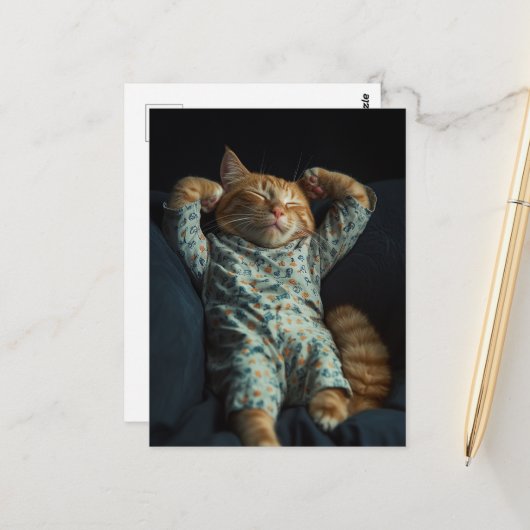 Grappige slaperige kaneelkleurige kat in pyjama briefkaart (Voorkant / Achterkant in situ)