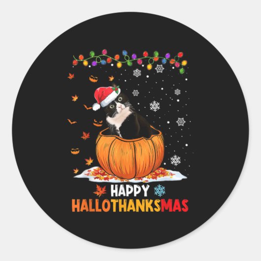 Grappige smoking kat op pompoen Happy Hallothanksm Ronde Sticker (Voorkant)