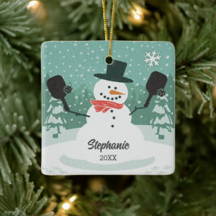 Grappige Sneeuwman Custom Pickleball Kerst Ornamen Keramisch Ornament