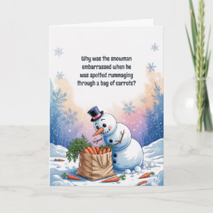 Grappige Sneeuwman Die in Zijn Neus Pikt Kerstmis Feestdagen Kaart