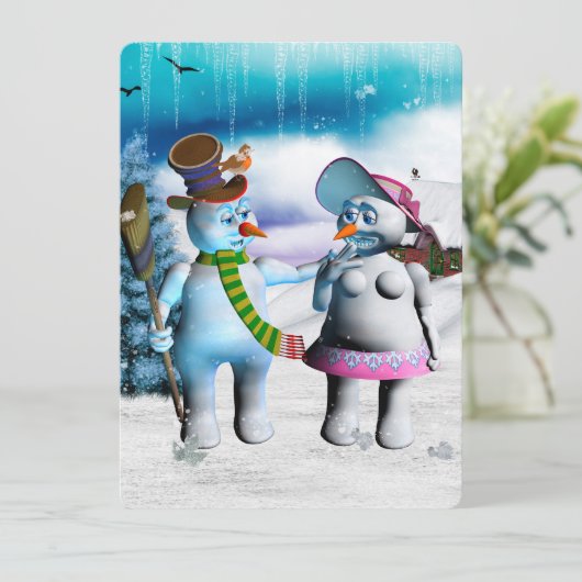 Grappige sneeuwman en sneeuwvrouwen kaart (Staand voorkant)
