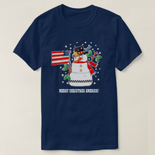 Grappige Sneeuwman met Amerikaanse vlag Kerstmis T-shirt