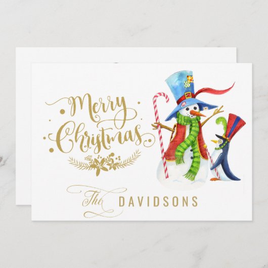 Grappige Sneeuwman Pinguïn Goud Glitters Vrolijk K Feestdagenkaart (Voorkant / Achterkant)