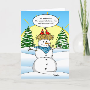 Grappige Sneeuwman Rode Kardinaal Kerstmis Feestdagen Kaart
