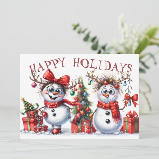 Grappige Sneeuwman Winter Kerstverlichting Feestdagenkaart (Staand voorkant)