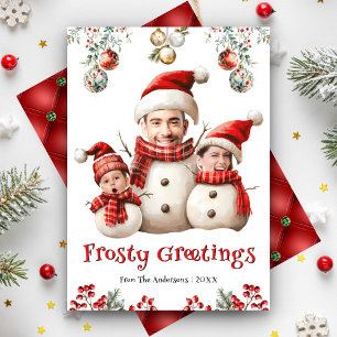 Grappige Snowman Familiefoto Face Cool Fun Kerstmi Feestdagenkaart