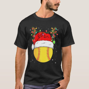 Grappige Softball Rendier Santa Hoed Kerstverlicht T-shirt