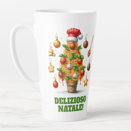 Grappige spaghetti kerstboom Delizioso Natale! Latte Mok (Links)