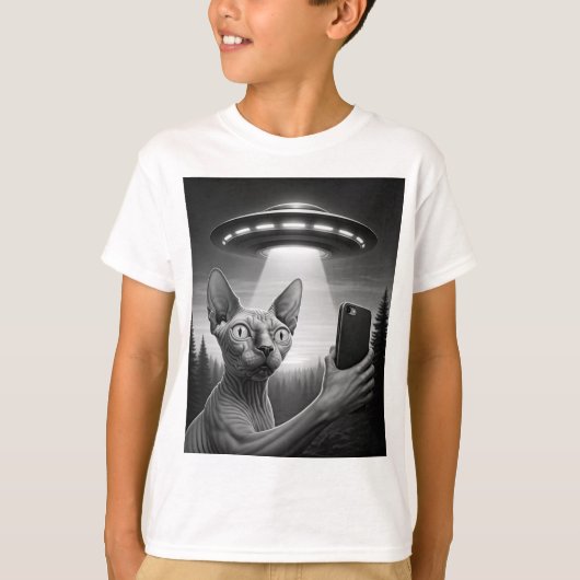 Grappige Sphynx Cat Selfie Ufo Alien Area51 Boy's T-shirt (Voorkant)