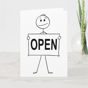Grappige stick figuur met open teken kaart