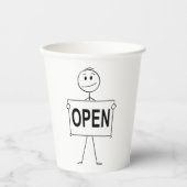 Grappige stick figuur met open teken papieren bekers (Voorkant)