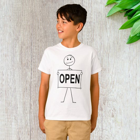 Grappige stick figuur met open teken t-shirt